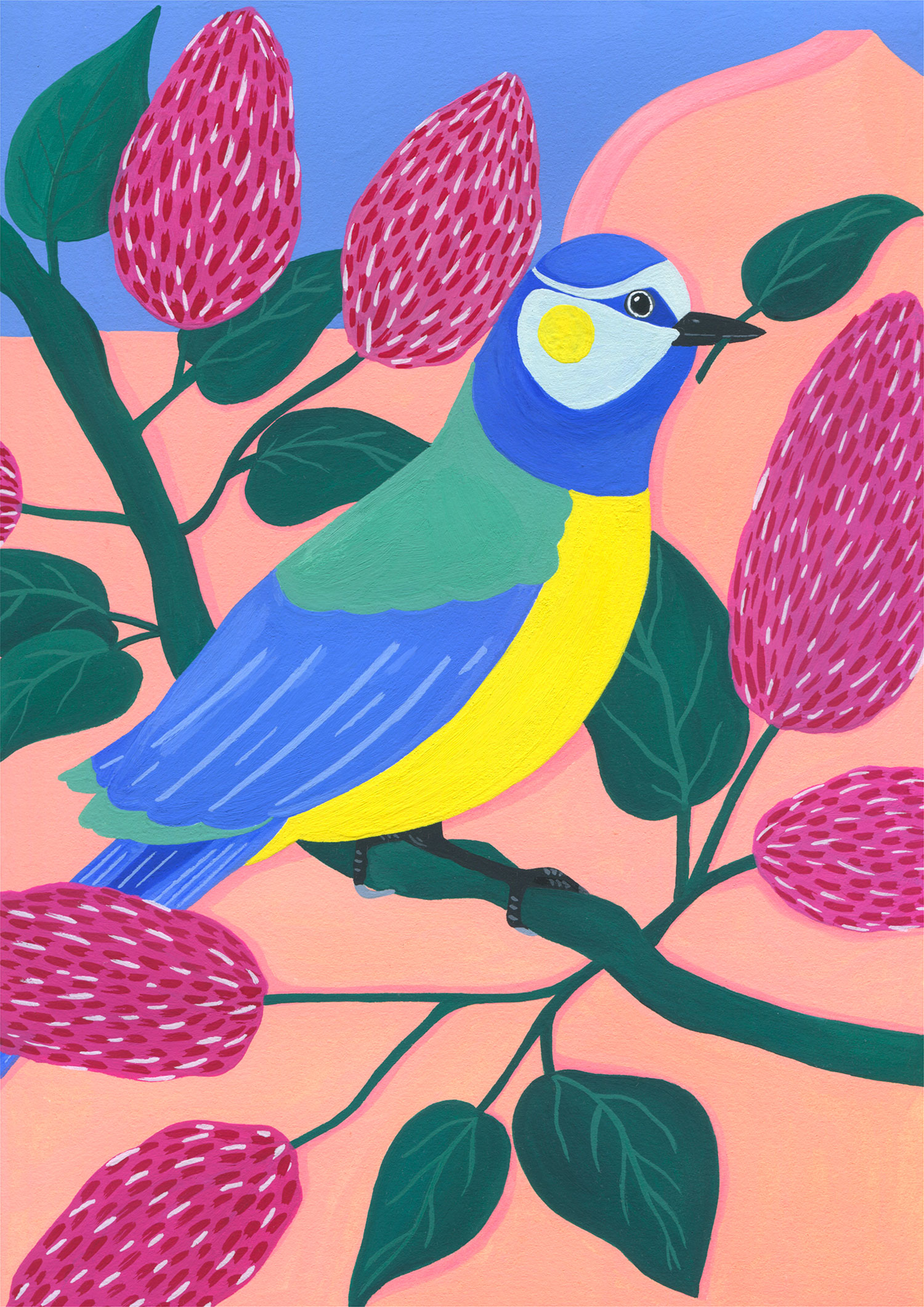 illustration-mariepellet-illustratrice-gouache-projet-personnel-blue-tit-and-lilac-fleurs-oiseaux