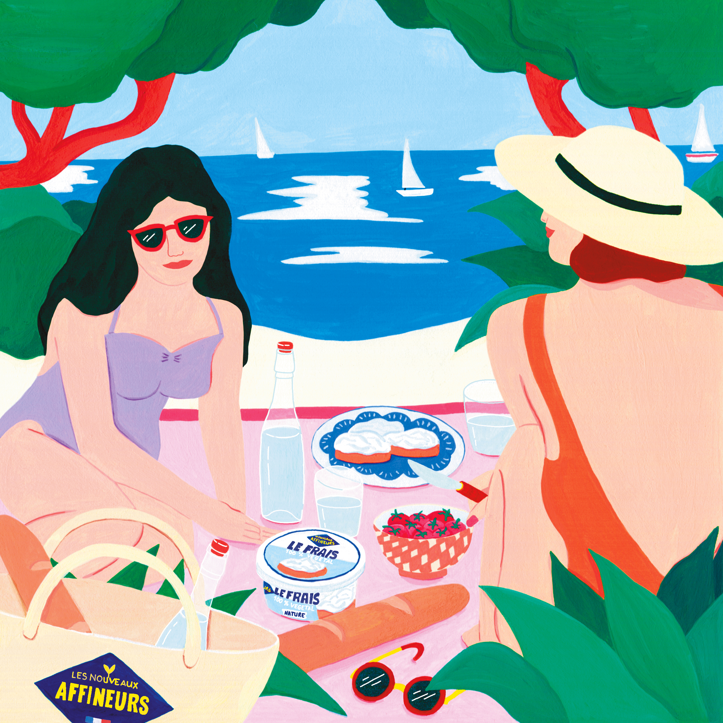 Marie-pellet-illustrations-portfolio-gouache-illustration-communication-Les Nouveaux Affineux-fromage-végétal-vegan-plage-femmes-vacances