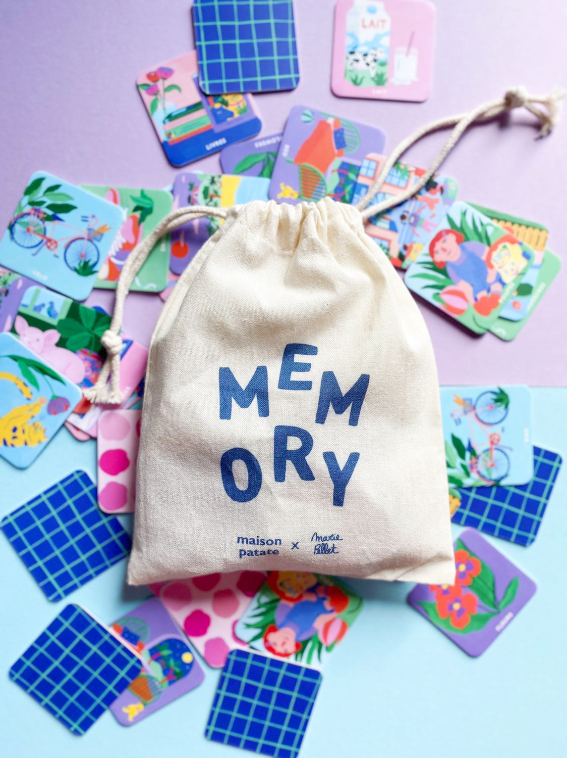 Marie Pellet - portfolio - Maison Patate - memory - jeu - kids - bi-lingue - Illustration - gouache - cartes - packaging - pack