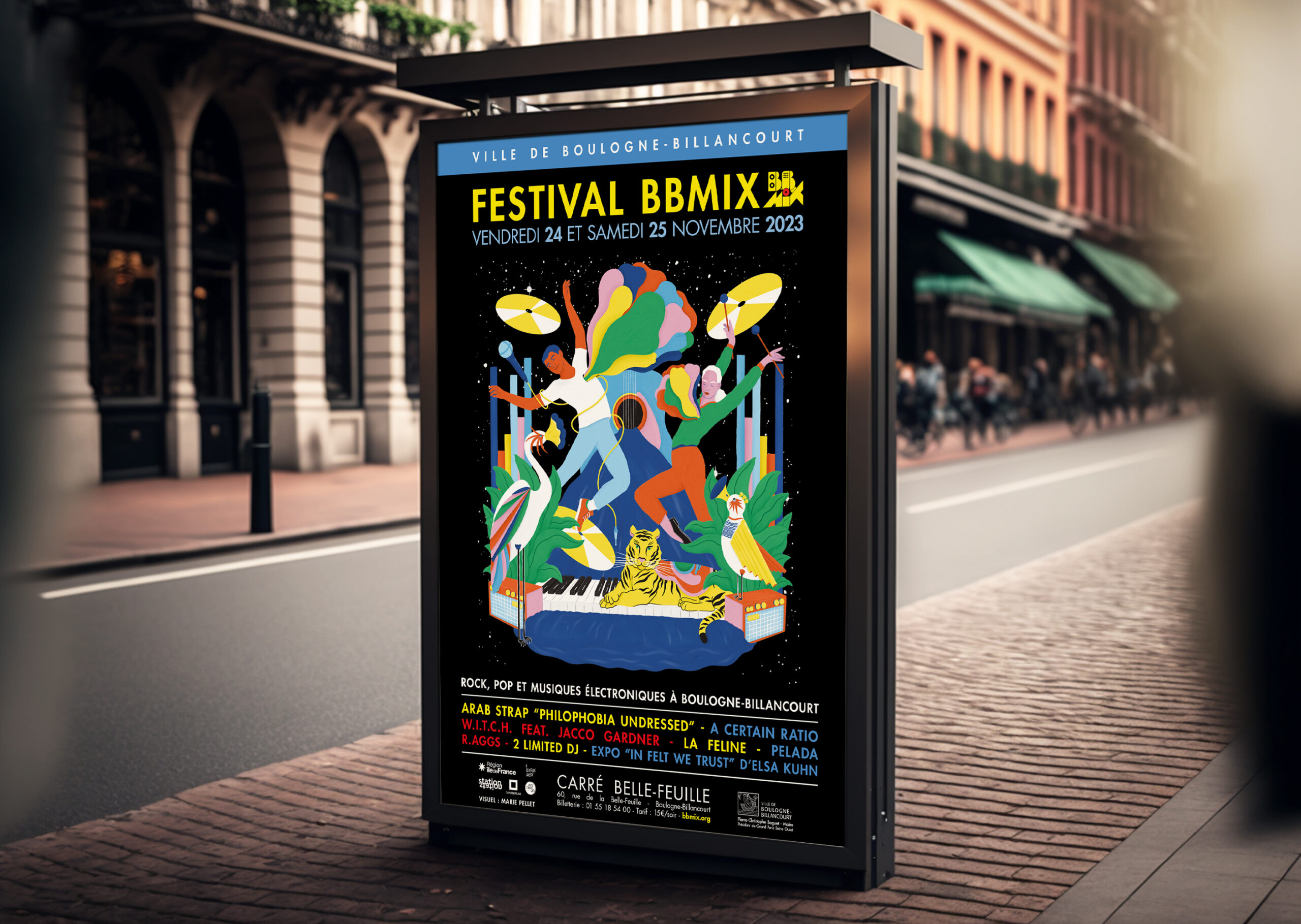 Marie Pellet - Illustration - graphic design - portfolio - Festival - 2023 - Musique - BBMIX - Boulogne-Billancourt - affiche - Mock-up - street